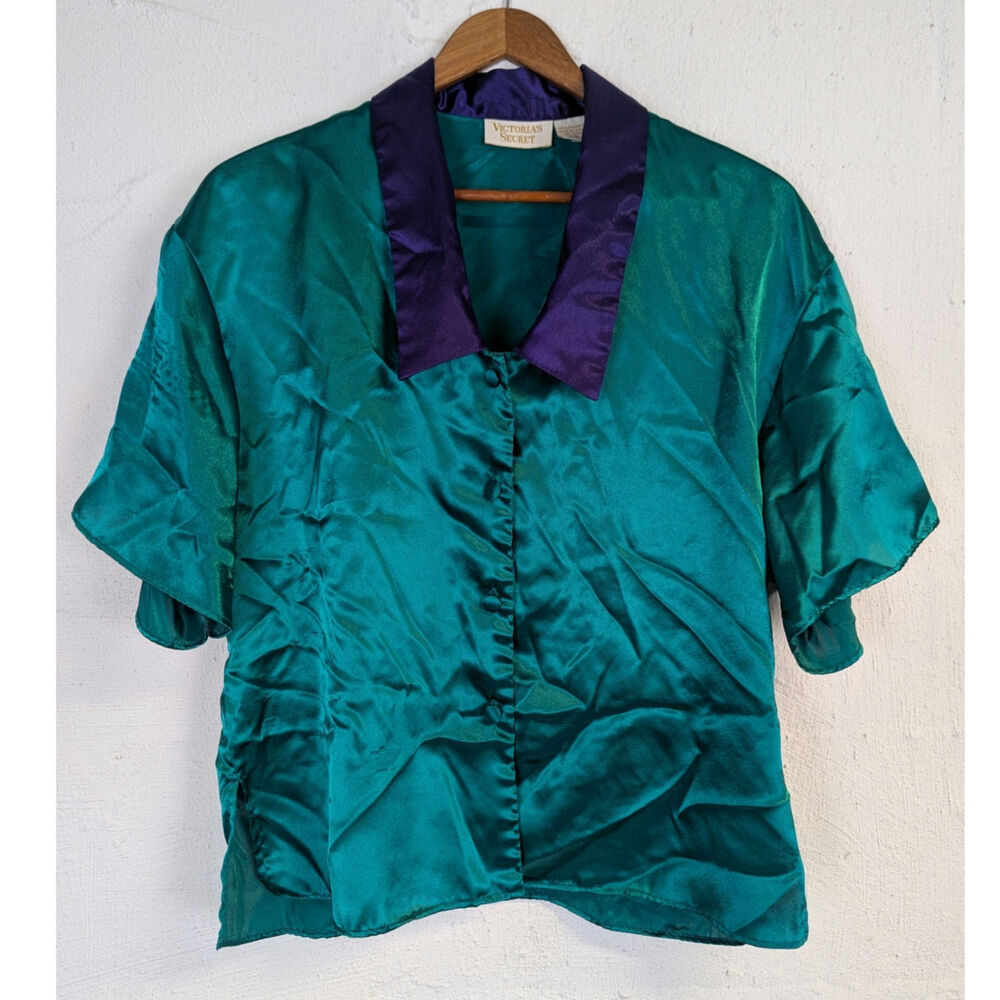 Vtg Victorias Secret Satin Lounge Top Sleep Shirt Emerald Green Gold Label Small